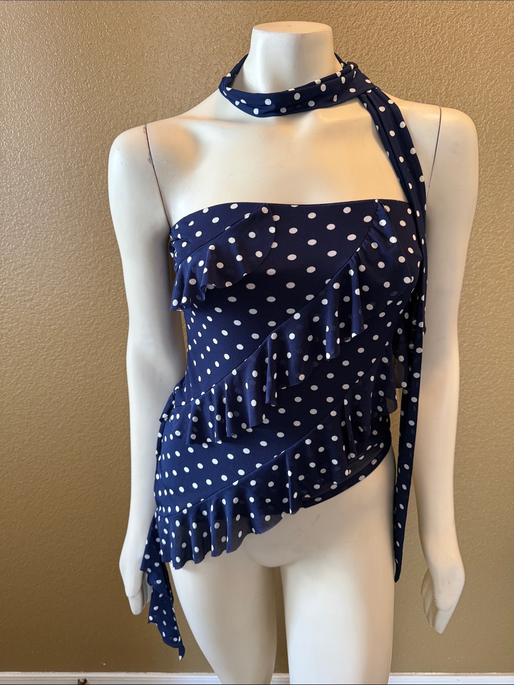 Navy Polka Dot One-Shoulder Ruffle Top